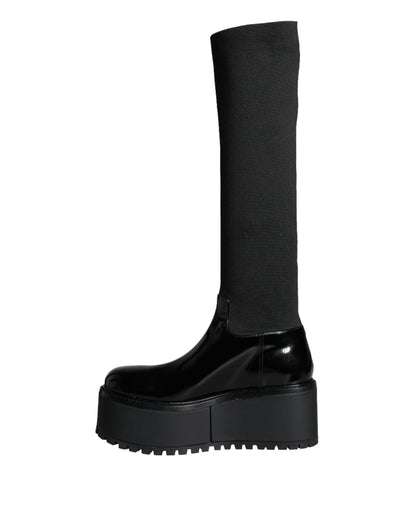 Bottes hautes en jersey de cuir noir Dolce &amp; Gabbana