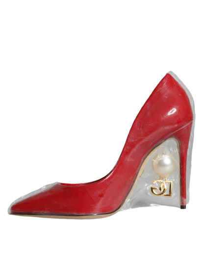 Escarpins à talons en cuir verni rouge et perles synthétiques Dolce &amp; Gabbana