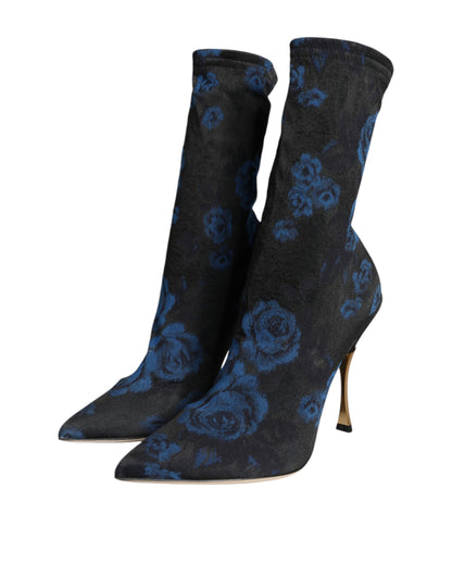 Bottes mi-mollet extensibles à fleurs noires Dolce &amp; Gabbana