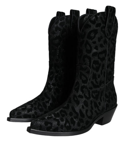 Bottes de cowboy léopard noires et grises Dolce &amp; Gabbana