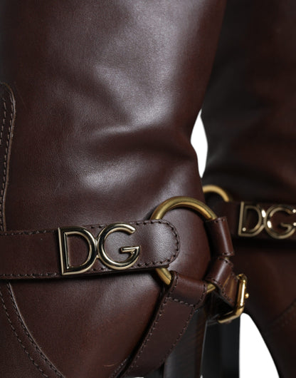 Bottes hautes en cuir marron Dolce &amp; Gabbana avec logo doré
