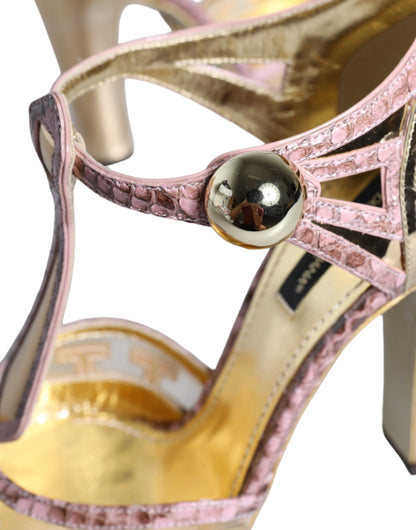 Dolce & Gabbana Pink Gold Leather Pumps T-strap Sandals Shoes by Dolce & Gabbana