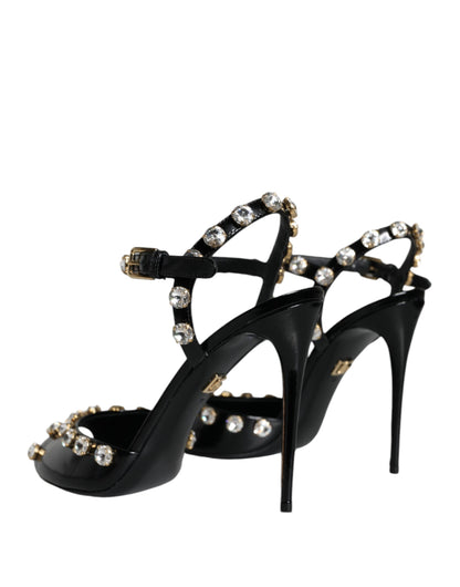 Dolce & Gabbana Black Leather Crystal Ankle Strap Sandals Shoes by Dolce & Gabbana
