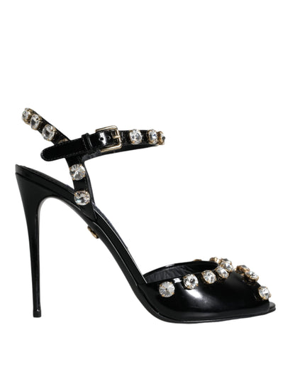 Dolce & Gabbana Black Leather Crystal Ankle Strap Sandals Shoes by Dolce & Gabbana