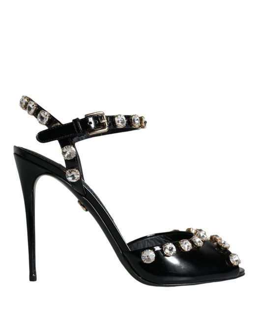 Dolce & Gabbana Black Leather Crystal Ankle Strap Sandals Shoes by Dolce & Gabbana