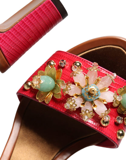 Dolce & Gabbana Fuchsia Leather Embellished Keira Sandals Shoes by Dolce & Gabbana