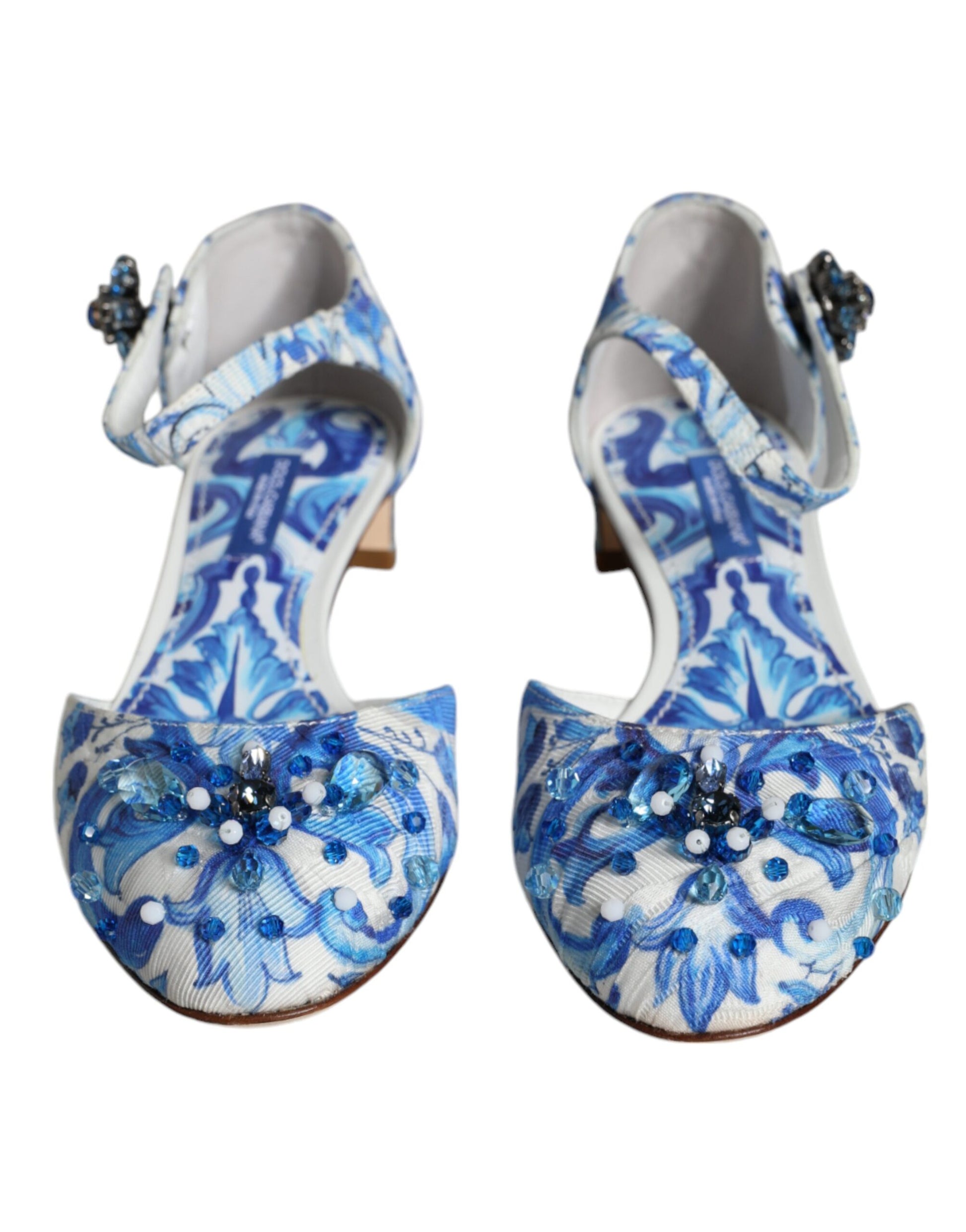 Dolce & Gabbana White Blue Majolica Print Ankle Strap Sandals Shoes by Dolce & Gabbana