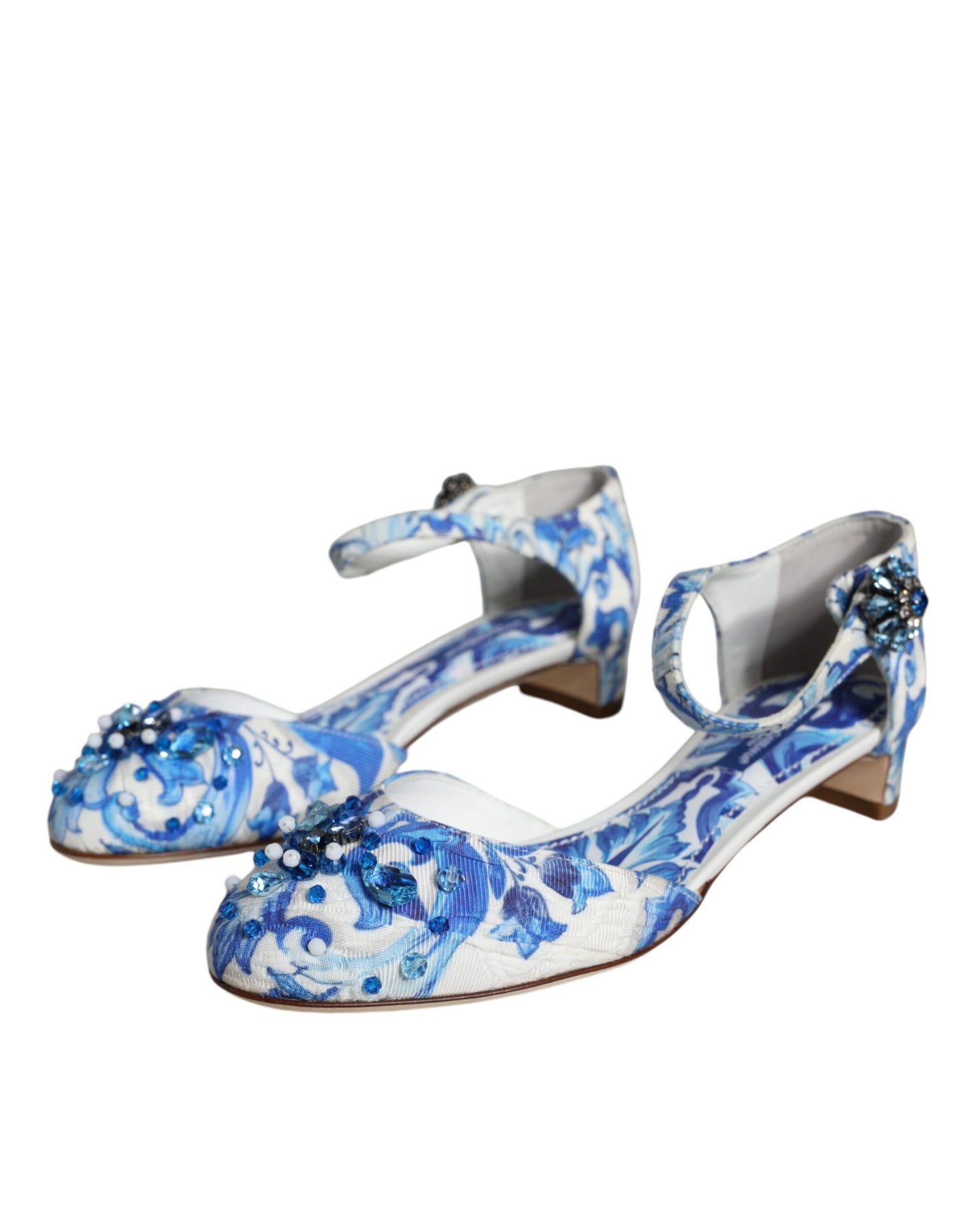 Dolce & Gabbana White Blue Majolica Print Ankle Strap Sandals Shoes by Dolce & Gabbana