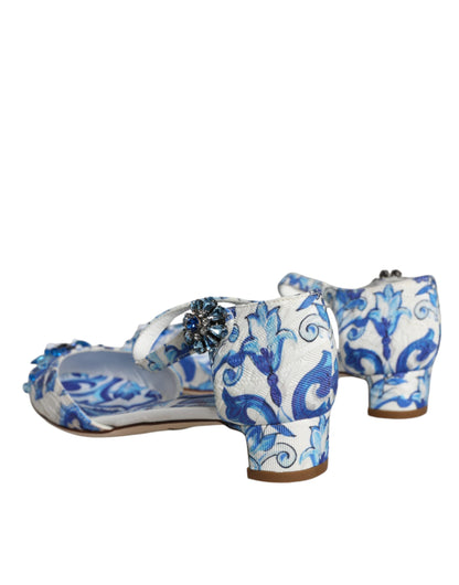Dolce & Gabbana White Blue Majolica Print Ankle Strap Sandals Shoes by Dolce & Gabbana