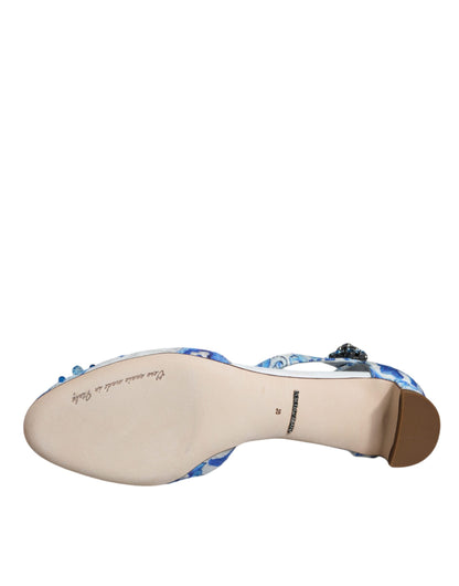 Dolce & Gabbana White Blue Majolica Print Ankle Strap Sandals Shoes by Dolce & Gabbana