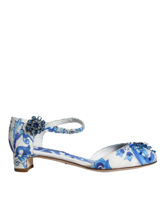 Dolce & Gabbana White Blue Majolica Print Ankle Strap Sandals Shoes by Dolce & Gabbana