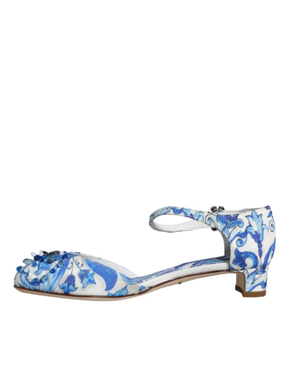 Dolce & Gabbana White Blue Majolica Print Ankle Strap Sandals Shoes by Dolce & Gabbana