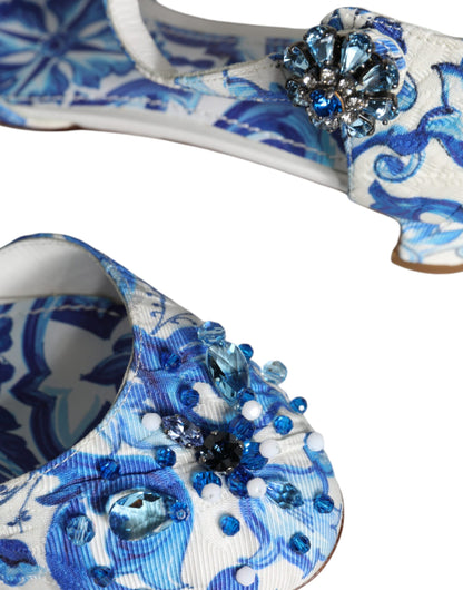 Dolce & Gabbana White Blue Majolica Print Ankle Strap Sandals Shoes by Dolce & Gabbana