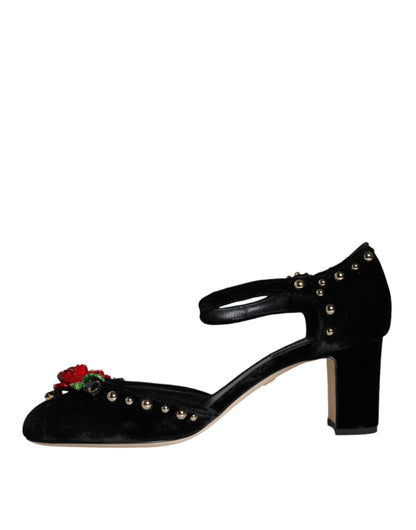 Escarpins Dolce &amp; Gabbana en velours noir avec bride cheville et roses