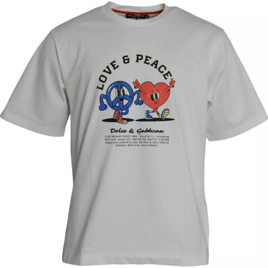 Dolce & Gabbana White Love & Peace Cotton Round Neck T-shirt by Dolce & Gabbana