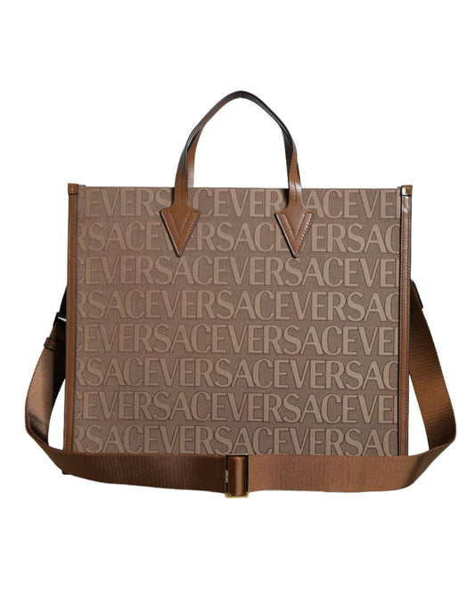 Sac fourre-tout à bandoulière en cuir jacquard marron Versace avec poignée supérieure et logo