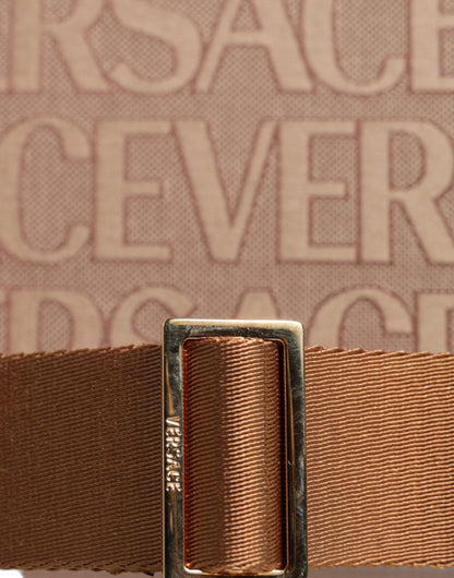 Sac fourre-tout à bandoulière en cuir jacquard marron Versace avec poignée supérieure et logo