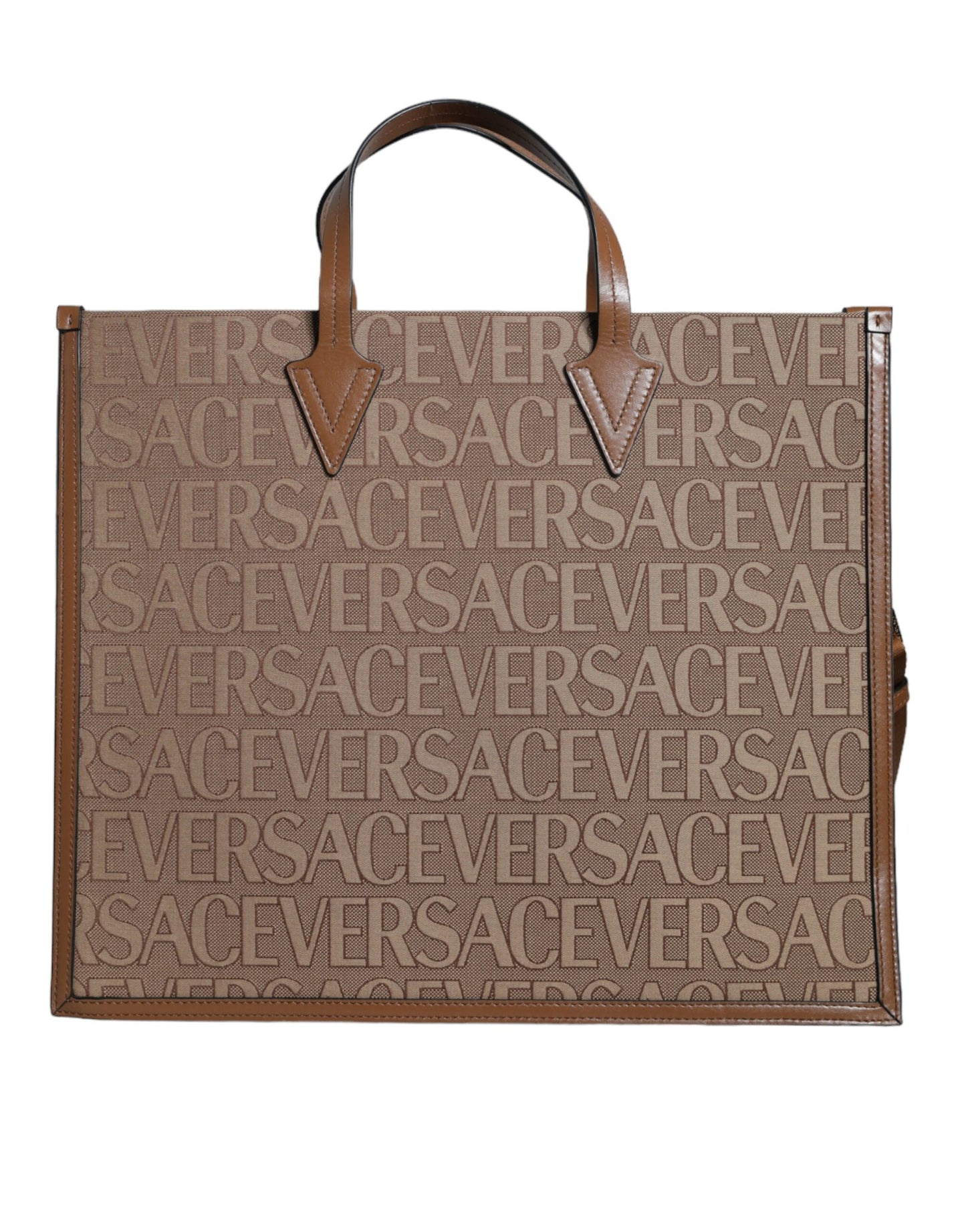 Sac fourre-tout à bandoulière en cuir jacquard marron Versace avec poignée supérieure et logo