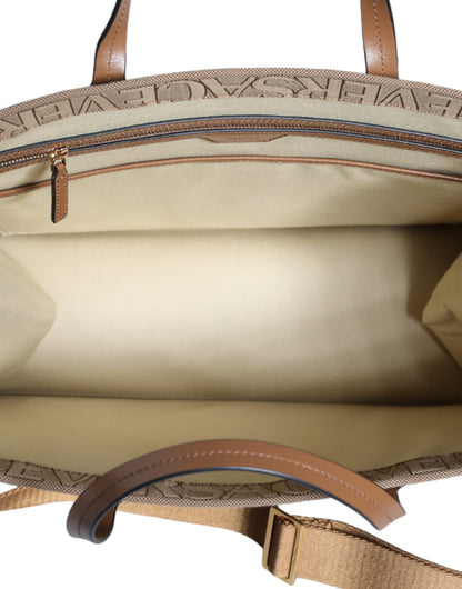 Sac fourre-tout à bandoulière en cuir jacquard marron Versace avec poignée supérieure et logo