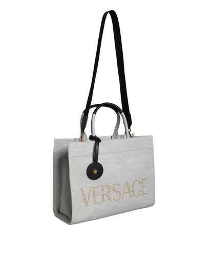 Sac fourre-tout à bandoulière en toile et cuir blanc avec logo Versace