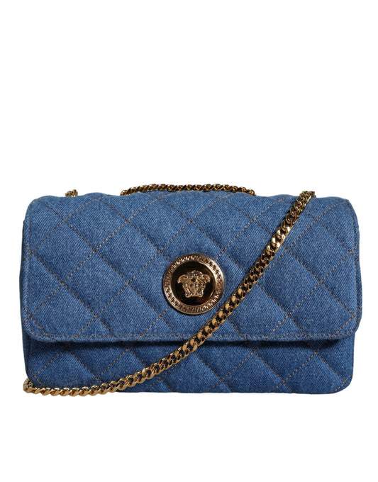 Sac bandoulière en cuir denim matelassé bleu Versace