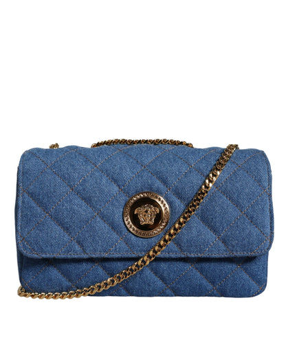 Sac bandoulière en cuir denim matelassé bleu Versace