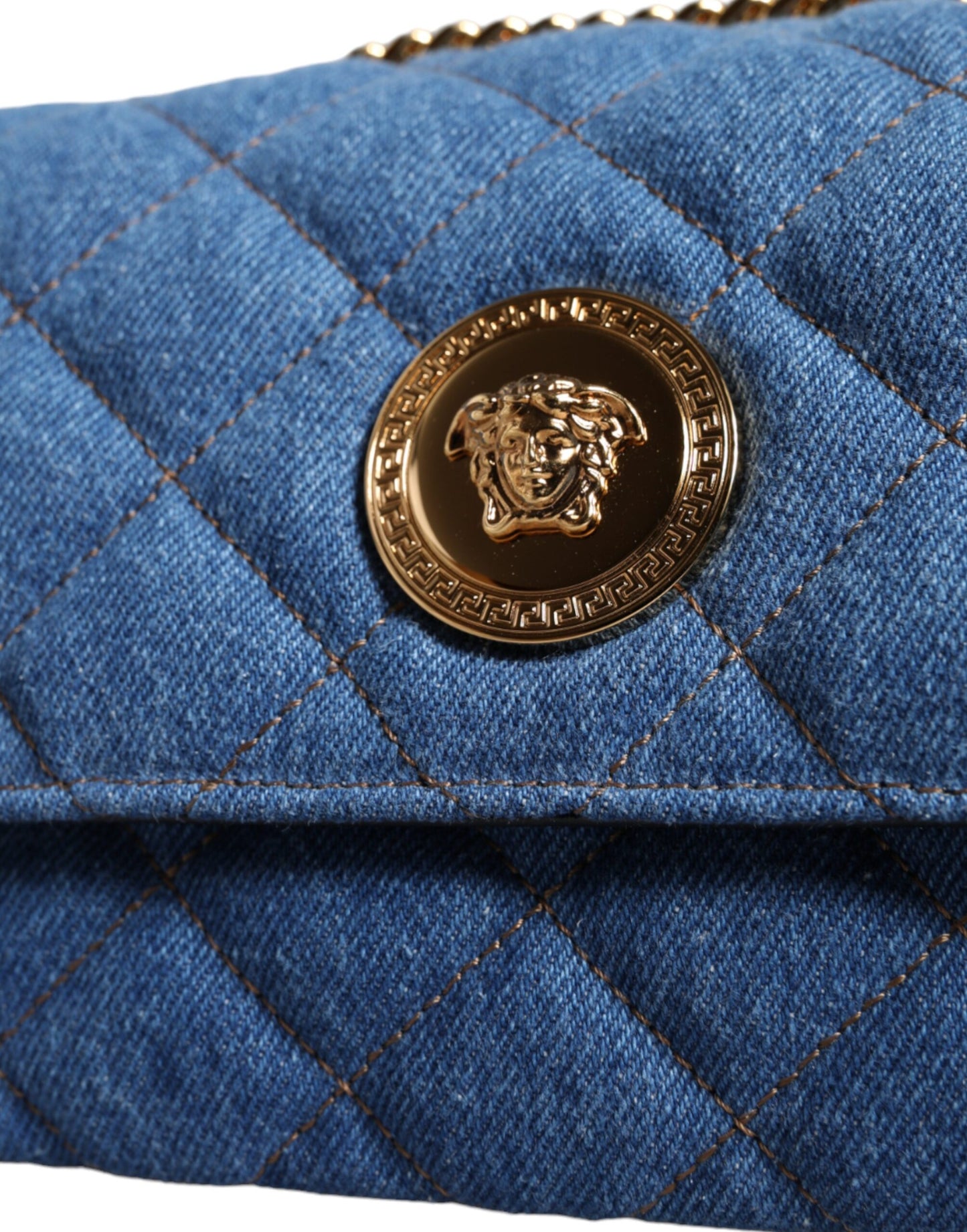 Sac bandoulière en cuir denim matelassé bleu Versace