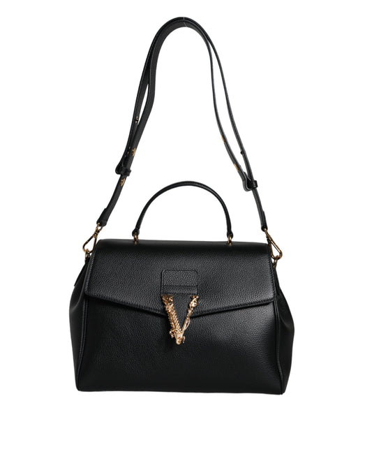 Sac bandoulière Versace en cuir de veau grainé noir avec poignée supérieure
