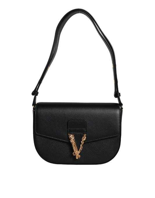 Sac bandoulière Versace en cuir de veau grainé noir avec logo