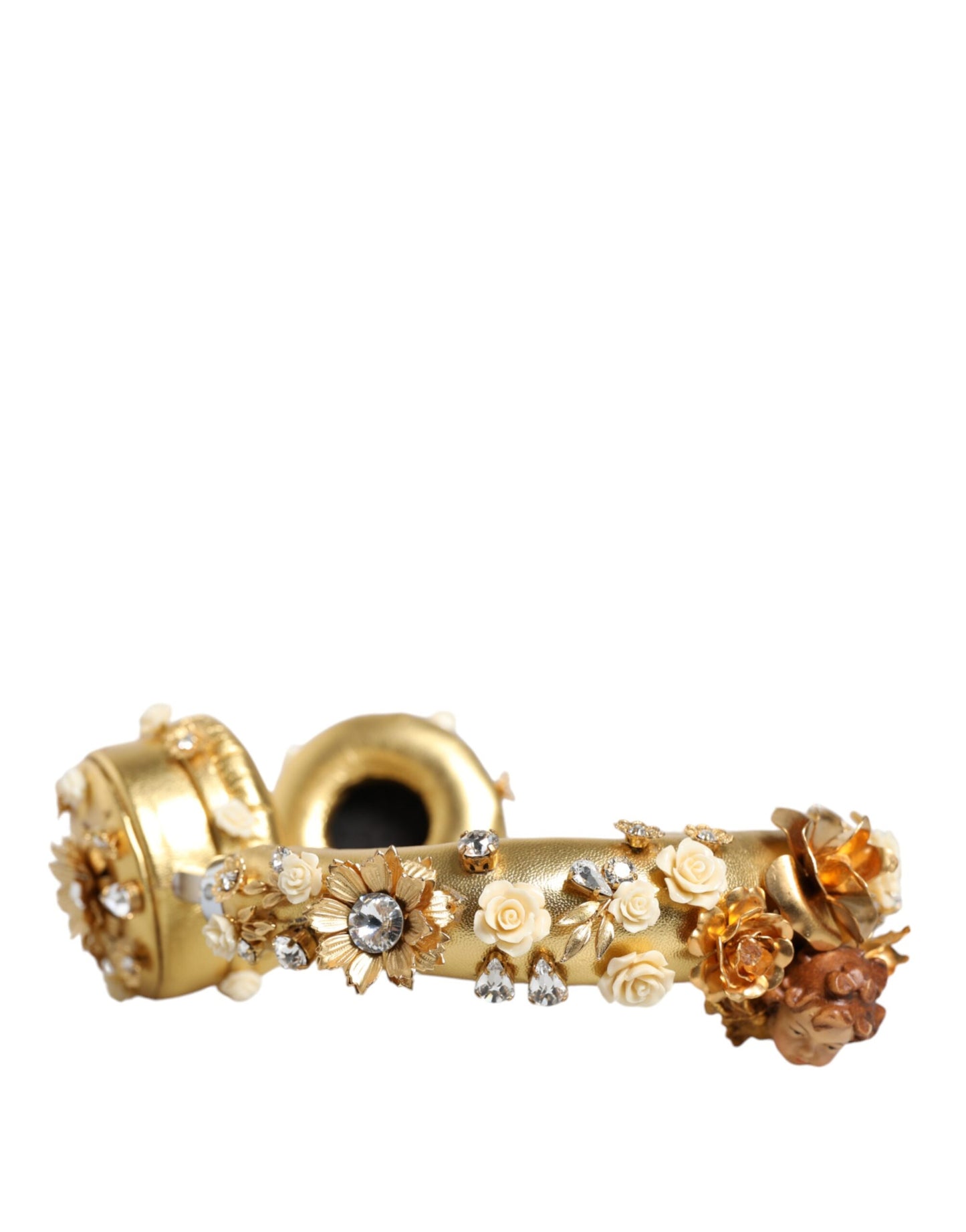Dolce &amp; Gabbana Gold Leather Floral Crystal Angel Headphones
