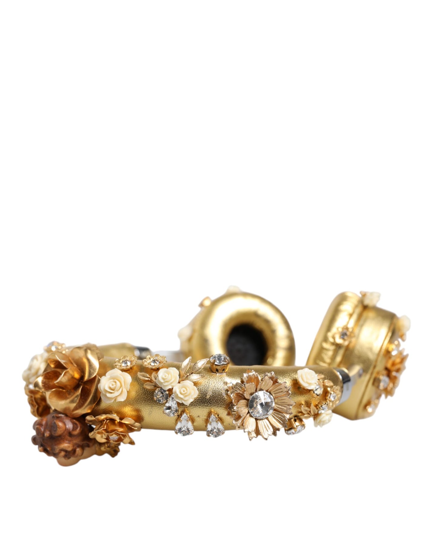 Dolce &amp; Gabbana Gold Leather Floral Crystal Angel Headphones