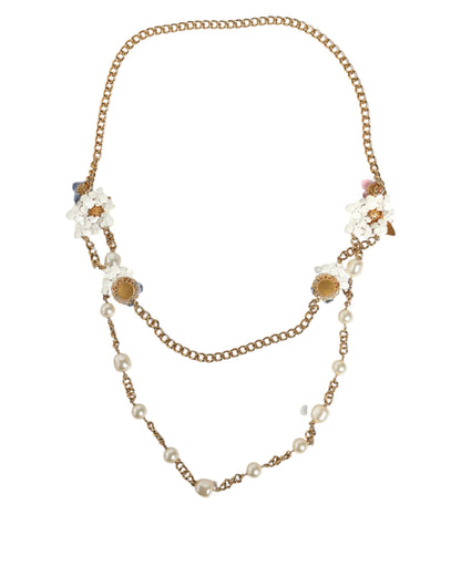 Collier Dolce &amp; Gabbana en laiton doré avec perles en cristal superposées et motif floral