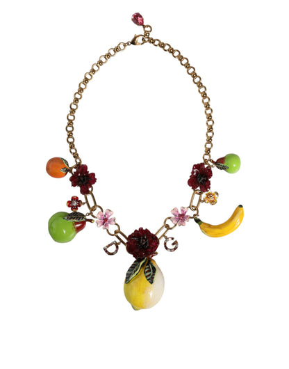 Collier Dolce &amp; Gabbana avec pendentifs en laiton doré et logo en cristal et fleurs