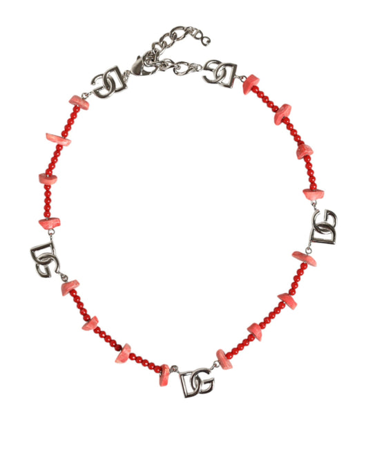 Collier Dolce &amp; Gabbana en laiton argenté avec perles et résine et logo DG