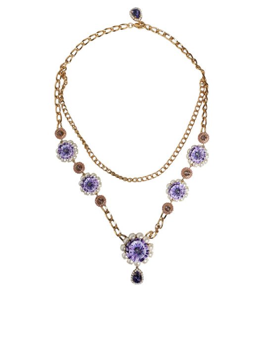 Collier Dolce &amp; Gabbana doré orné de cristaux floraux superposés