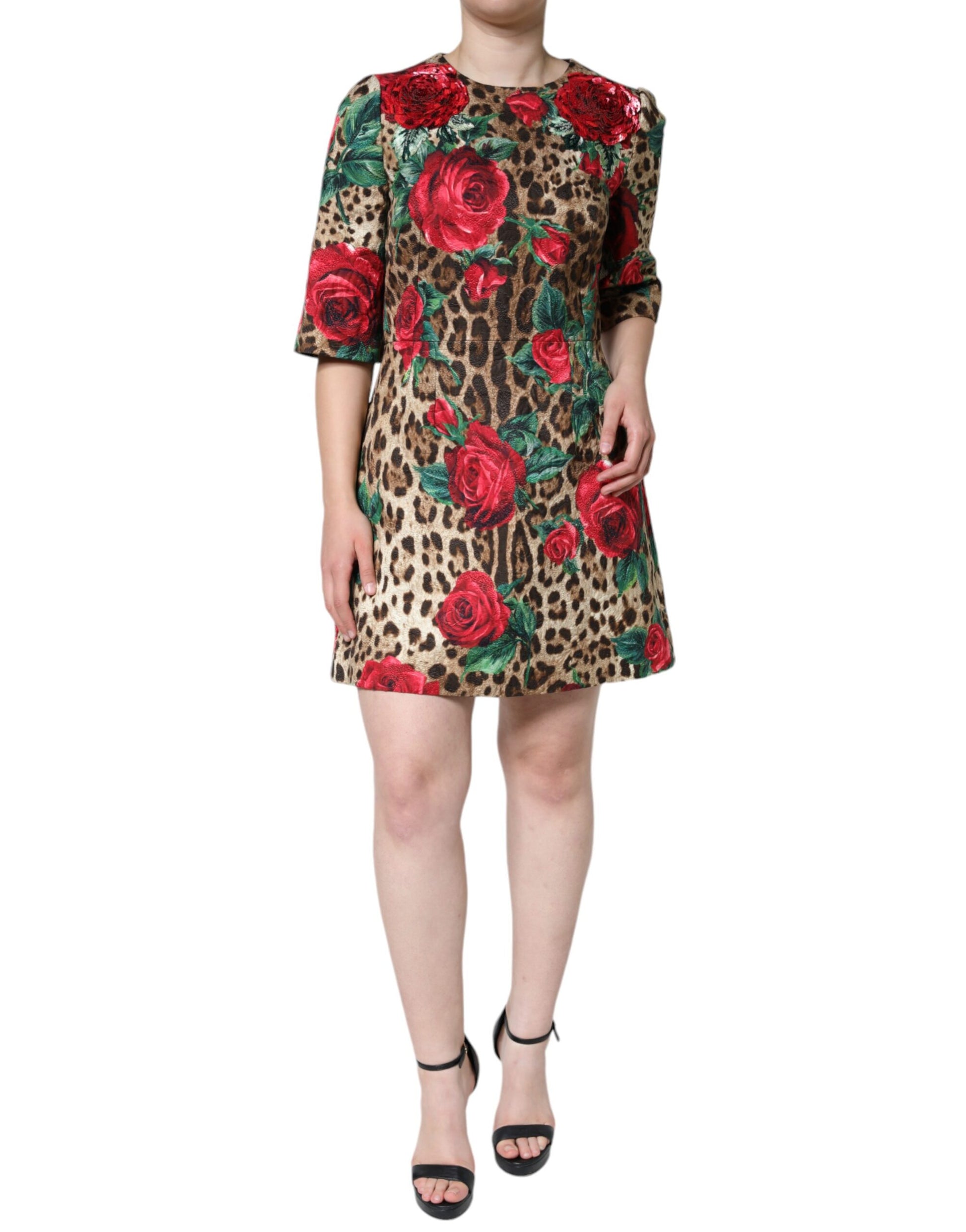 Dolce & Gabbana Brown Leopard Red Roses Cotton A-line Dress by Dolce & Gabbana