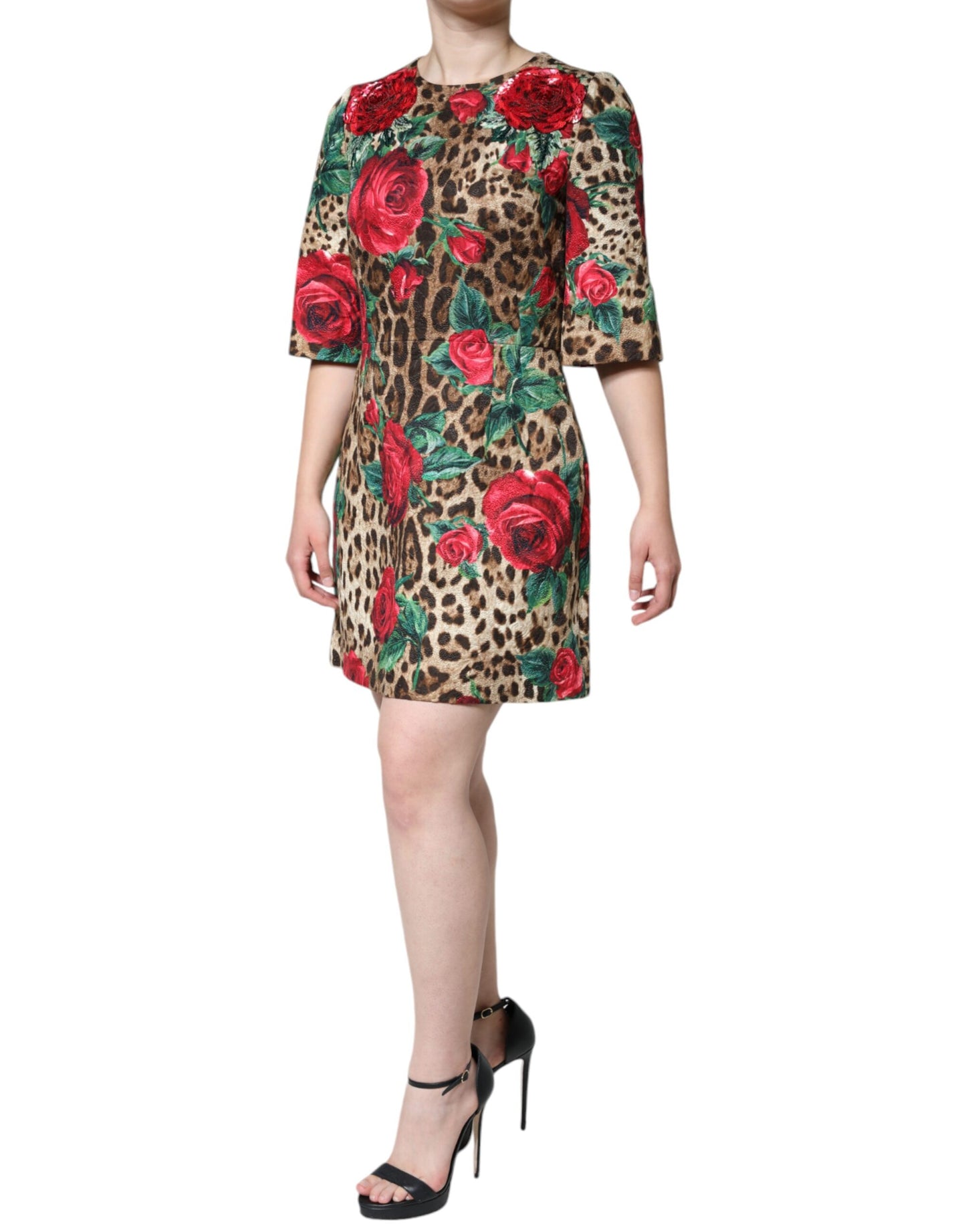 Dolce & Gabbana Brown Leopard Red Roses Cotton A-line Dress by Dolce & Gabbana