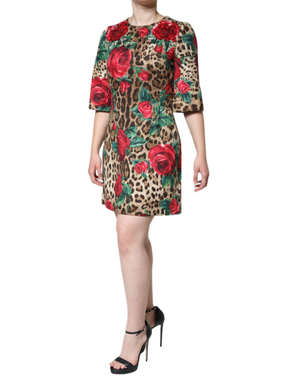 Dolce & Gabbana Brown Leopard Red Roses Cotton A-line Dress by Dolce & Gabbana