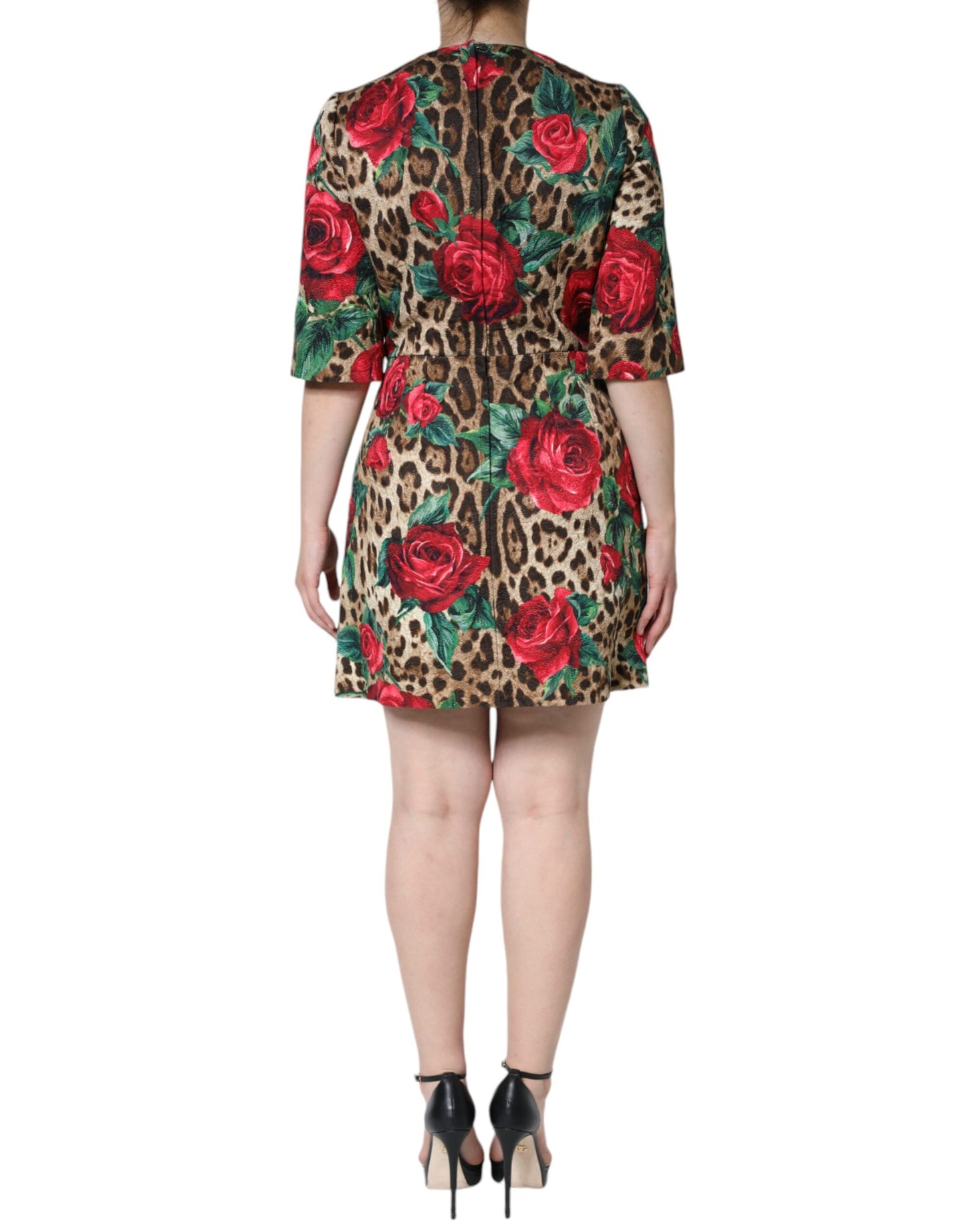 Dolce & Gabbana Brown Leopard Red Roses Cotton A-line Dress by Dolce & Gabbana