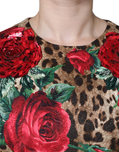 Dolce & Gabbana Brown Leopard Red Roses Cotton A-line Dress by Dolce & Gabbana