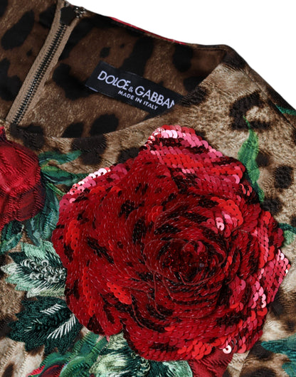 Dolce & Gabbana Brown Leopard Red Roses Cotton A-line Dress by Dolce & Gabbana
