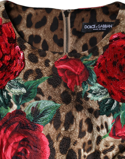 Dolce & Gabbana Brown Leopard Red Roses Cotton A-line Dress by Dolce & Gabbana