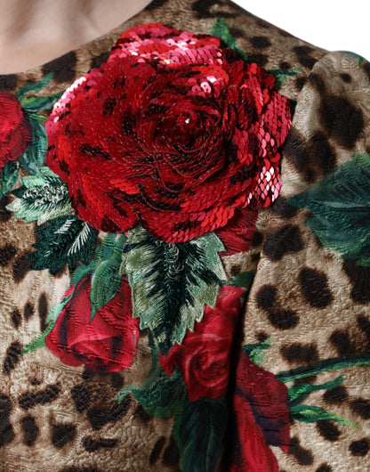 Dolce & Gabbana Brown Leopard Red Roses Cotton A-line Dress by Dolce & Gabbana