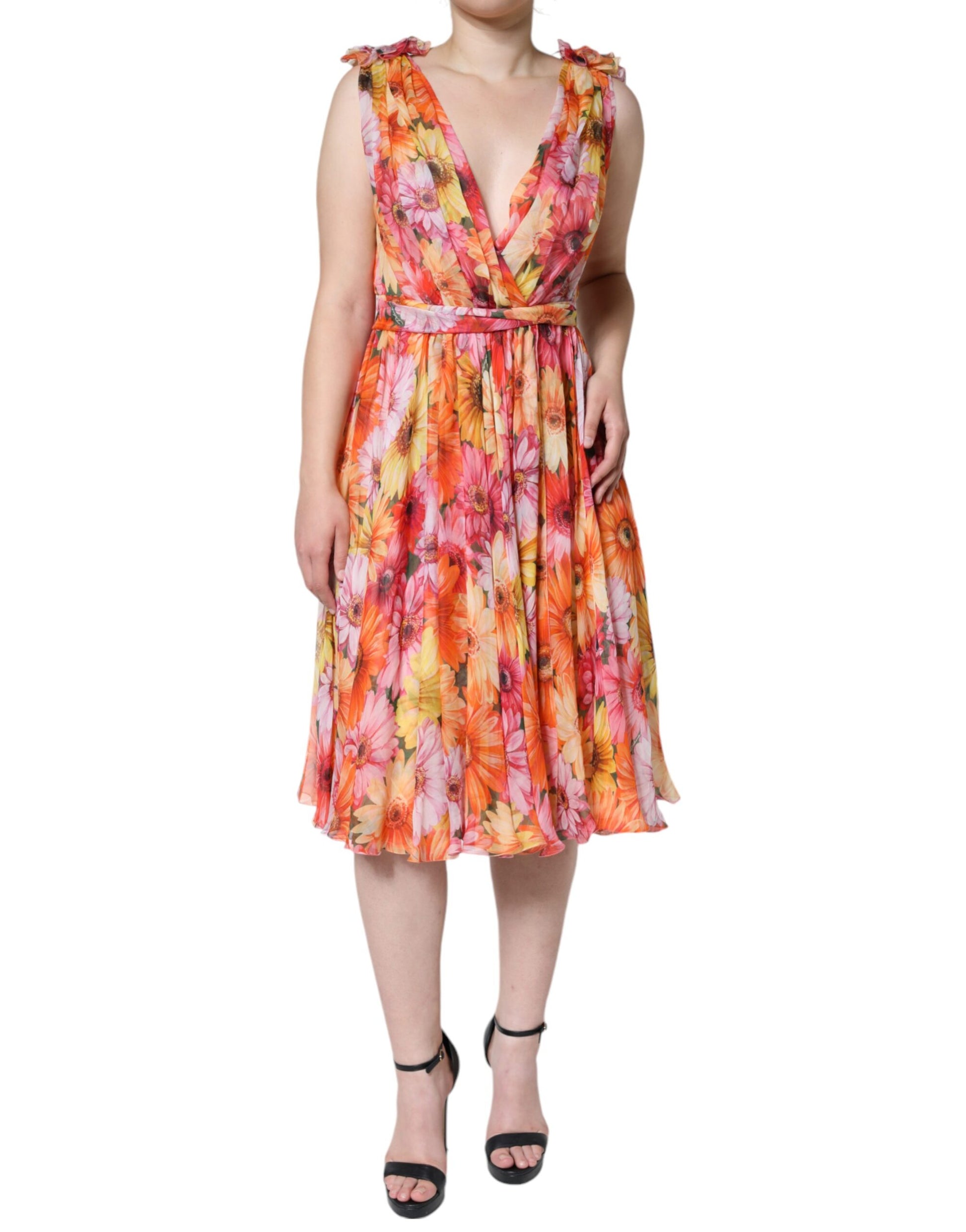Dolce & Gabbana Multicolor Floral Sleeveless V-neck Midi Dress by Dolce & Gabbana