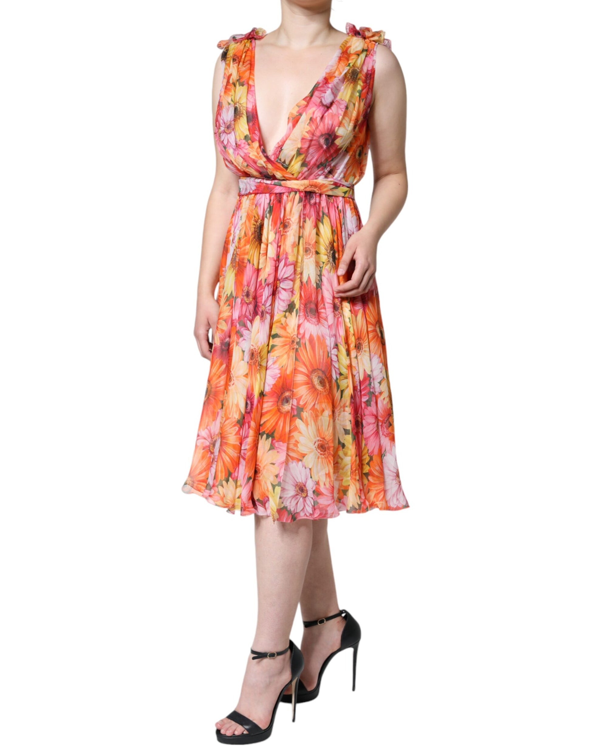 Dolce & Gabbana Multicolor Floral Sleeveless V-neck Midi Dress by Dolce & Gabbana