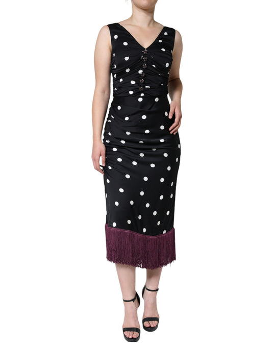 Dolce & Gabbana Black Silk Polka Dot V-neck Tassel Midi Dress by Dolce & Gabbana