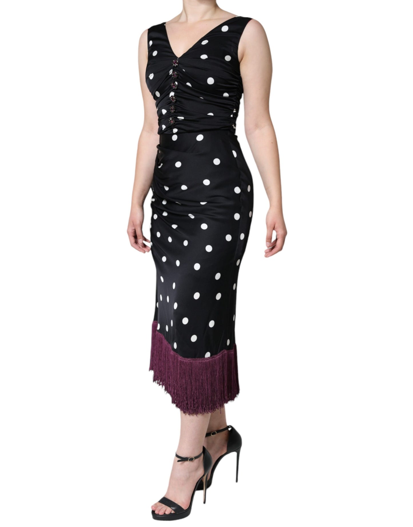 Dolce & Gabbana Black Silk Polka Dot V-neck Tassel Midi Dress by Dolce & Gabbana