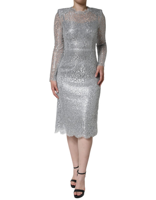 Dolce & Gabbana Silver Floral Lace Bodycon Sheath Midi Dress by Dolce & Gabbana