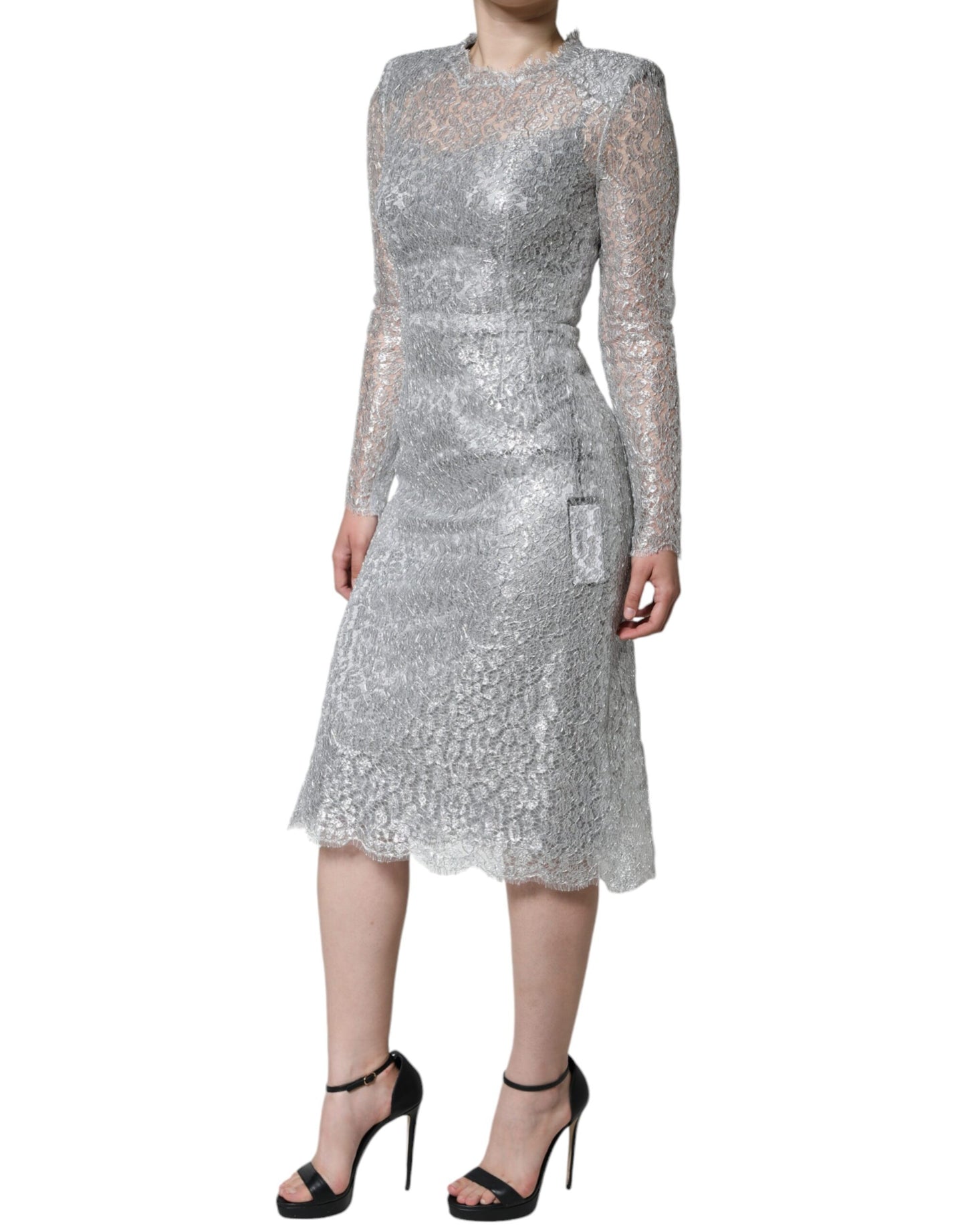 Dolce & Gabbana Silver Floral Lace Bodycon Sheath Midi Dress by Dolce & Gabbana