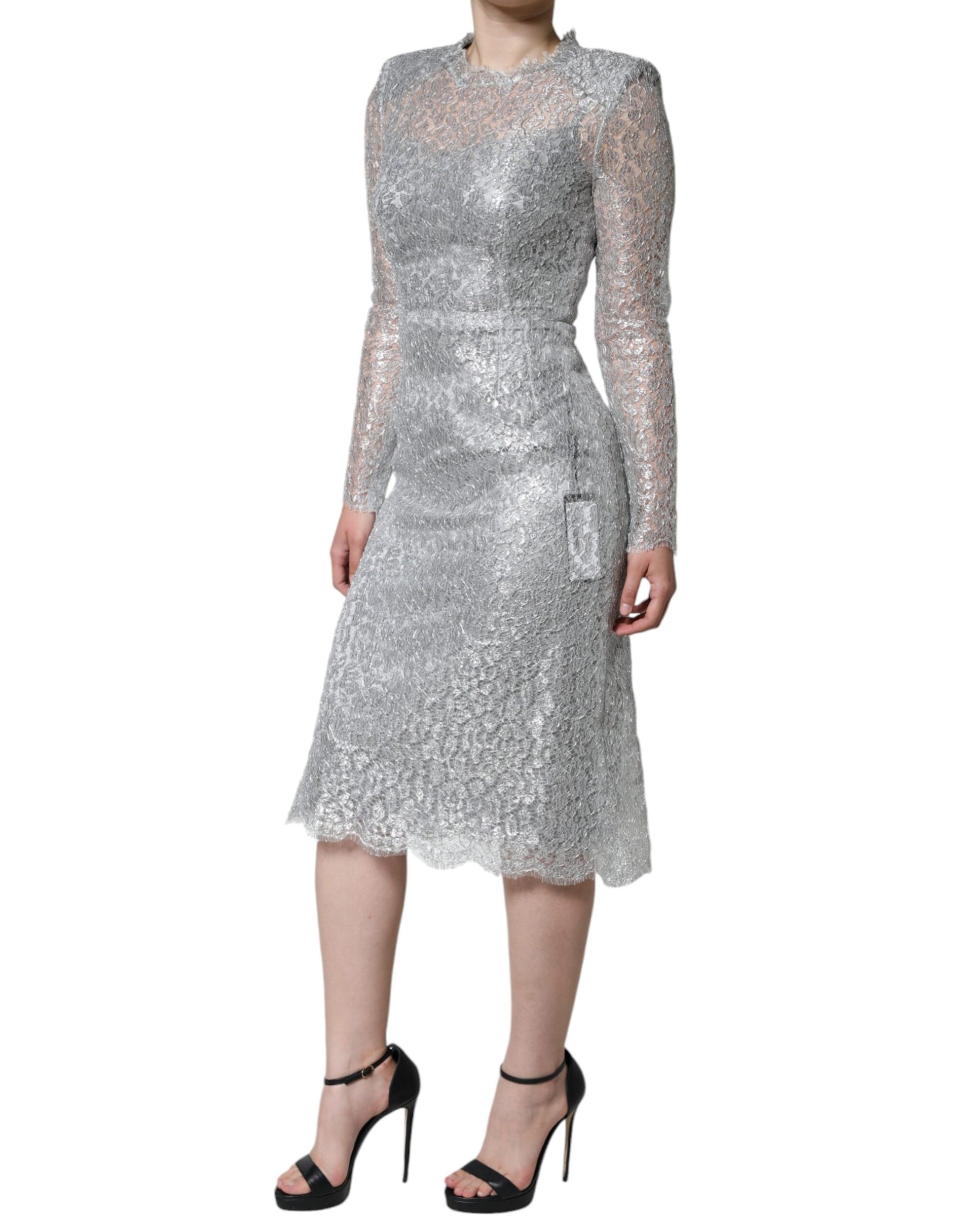 Dolce & Gabbana Silver Floral Lace Bodycon Sheath Midi Dress by Dolce & Gabbana